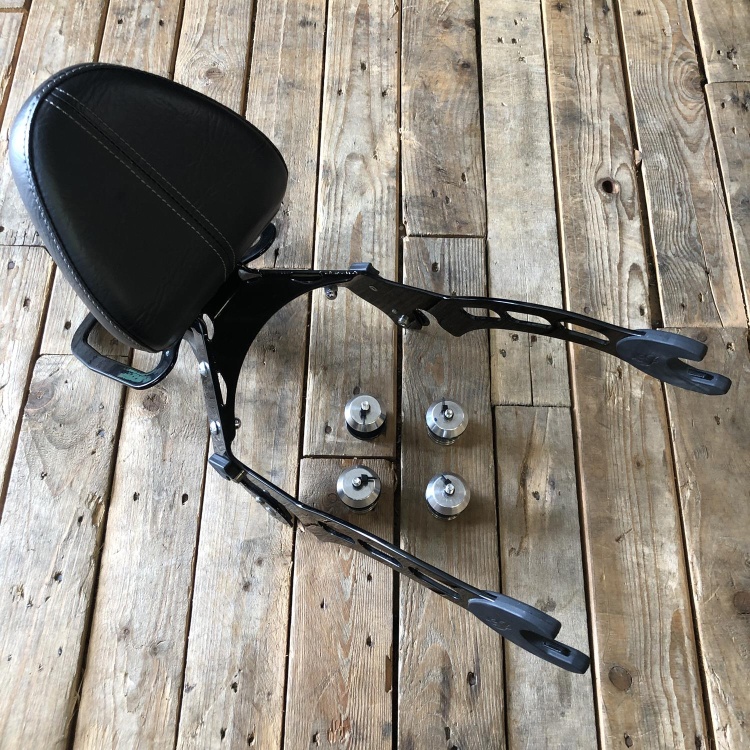 Indian Scout passenger backrest and rack with mounting spools